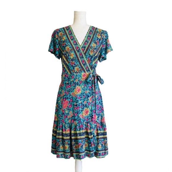 Zesica Blue Pink Floral Short Sleeve V-Neck Wrap Mini Summer Dress Small NEW - Picture 2 of 13